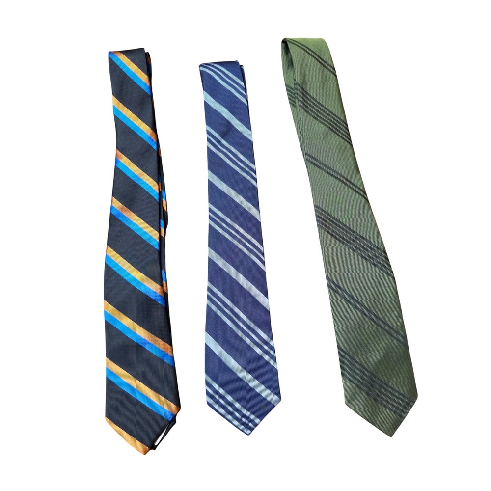 Vintage Striped Skinny Necktie Bundle of 3 Navy Blue‎ Orange Olive Green Classic